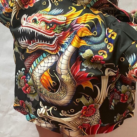 Dragon Cotton Denim Unisex Size XL Jacket Jean Black Hawaiian Shacket Floral - Picture 1 of 13